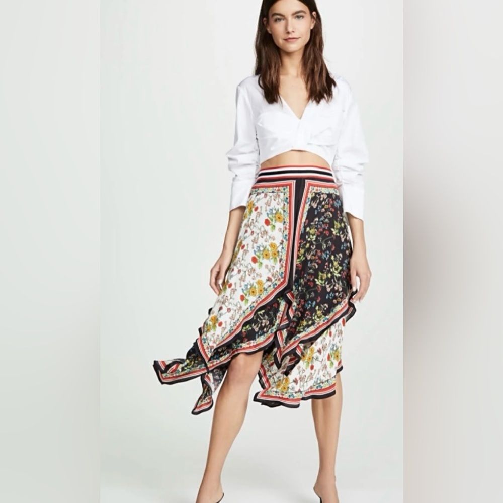 Alice + Olivia Floral Patchwork Midi Skirt in Black, White, Red